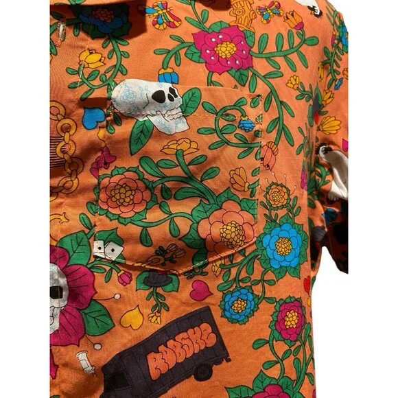 Roberto Lugo All Gender Floral Skulls Trucks Printed Rayon Button Down Shirt M - Picture 4 of 8